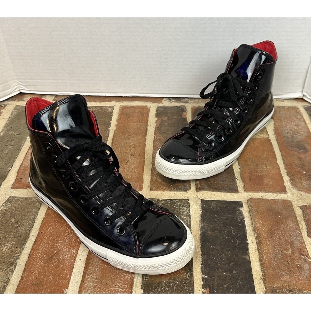 Converse All Star High Top Sneakers Black Patent Leather Red Lining Men's 9